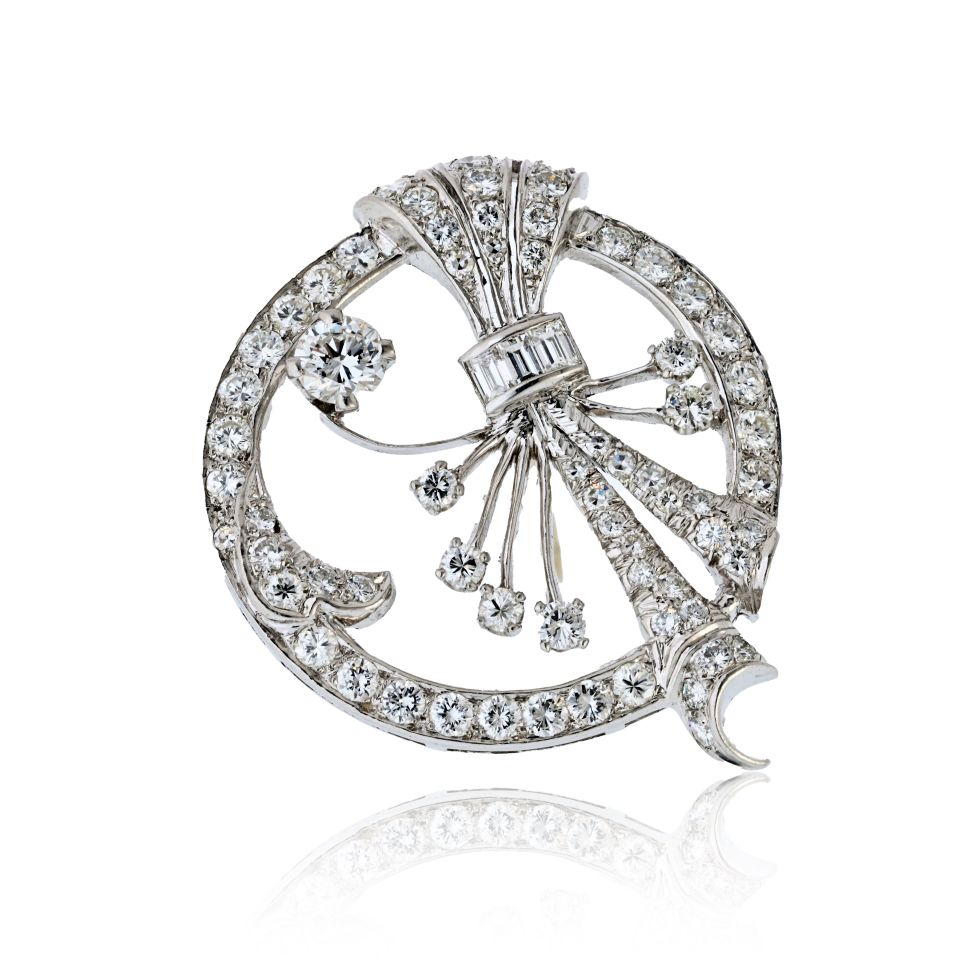 Platinum 4.00cttw Round And Baguette Cut Diamond Brooch