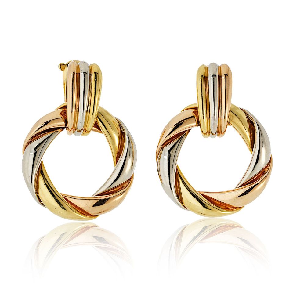 Cartier 18K Tri Color Door Knocker For Pierced Earrs Earrings