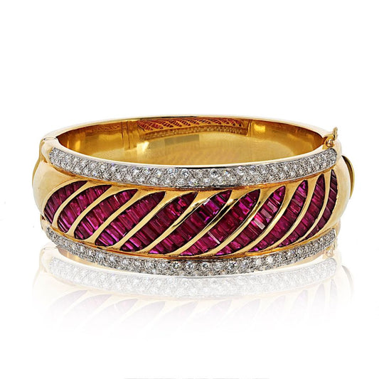 18K Yellow Gold Diamond And Ruby Bangle Bracelet