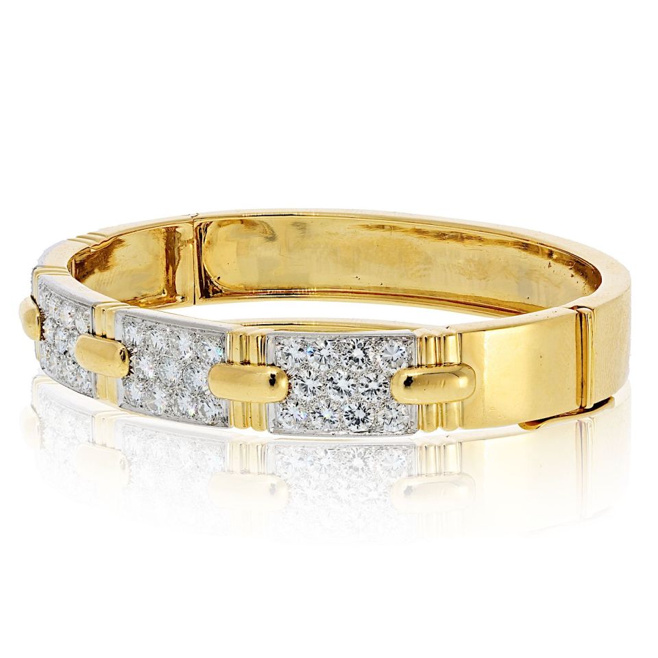 David Webb Platinum & 18K Yellow Gold Stitch Round Diamond Bangle Bracelet