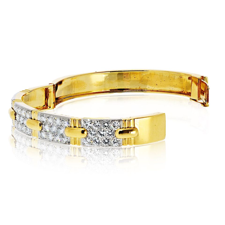 David Webb Platinum & 18K Yellow Gold Stitch Round Diamond Bangle Bracelet