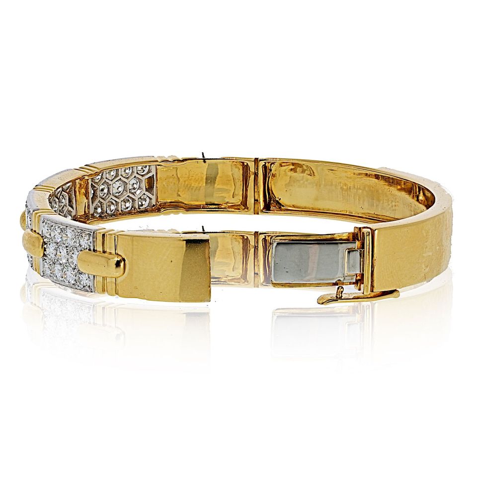 David Webb Platinum & 18K Yellow Gold Stitch Round Diamond Bangle Bracelet