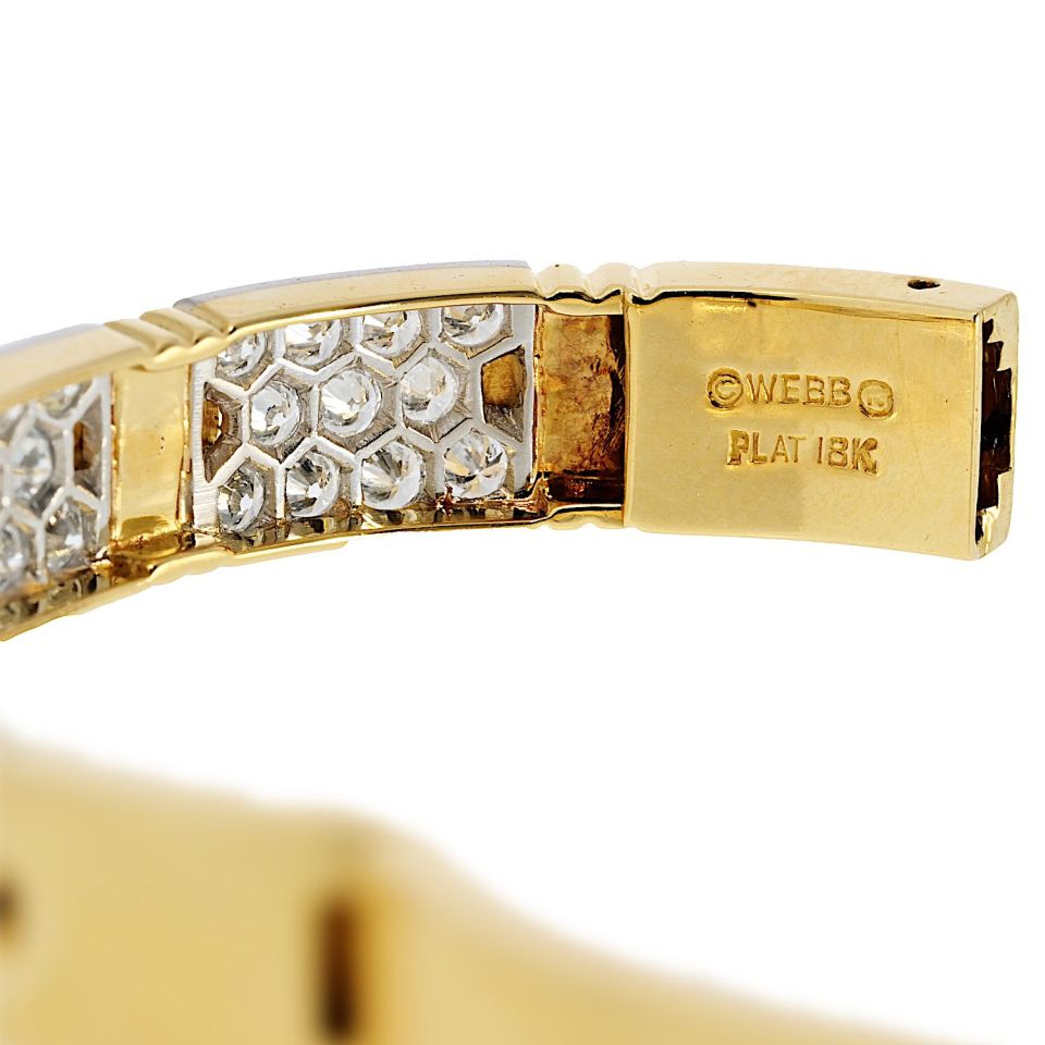 David Webb Platinum & 18K Yellow Gold Stitch Round Diamond Bangle Bracelet