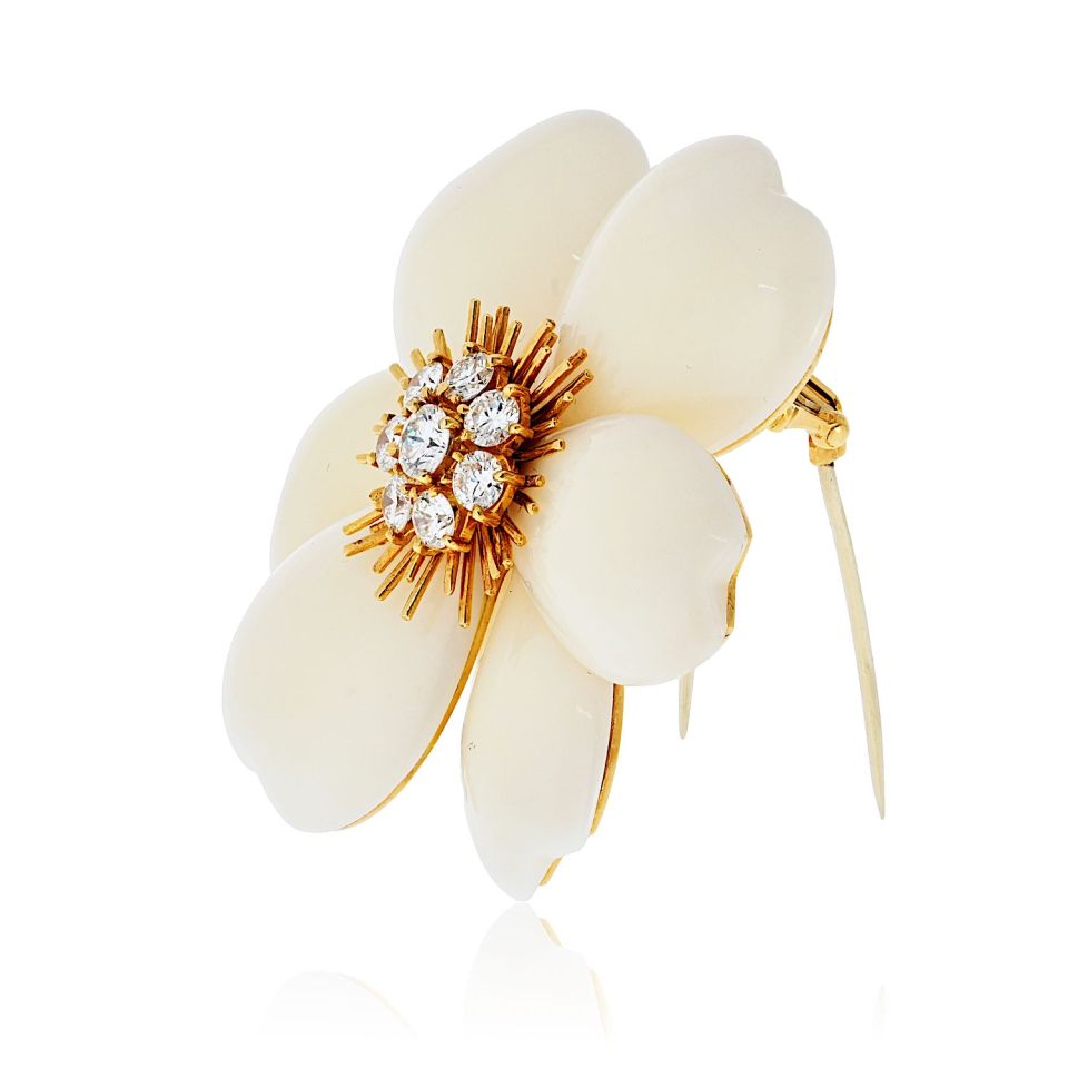 Van Cleef & Arpels 18K Yellow Gold Rose De Noel 2 Inches White Coral Brooch