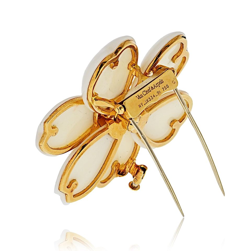 Van Cleef & Arpels 18K Yellow Gold Rose De Noel 2 Inches White Coral Brooch
