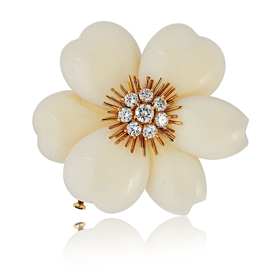 Van Cleef & Arpels 18K Yellow Gold Rose De Noel 2 Inches White Coral Brooch