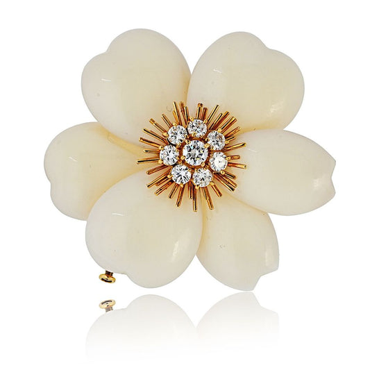 Van Cleef & Arpels 18K Yellow Gold Rose De Noel 2 Inches White Coral Brooch