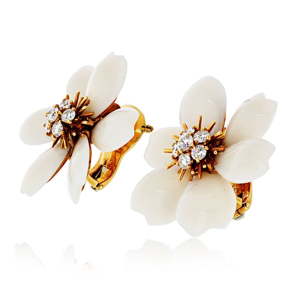 Van Cleef & Arpels Rose de Noel 18K Yellow Gold Small Model White Coral Earrings