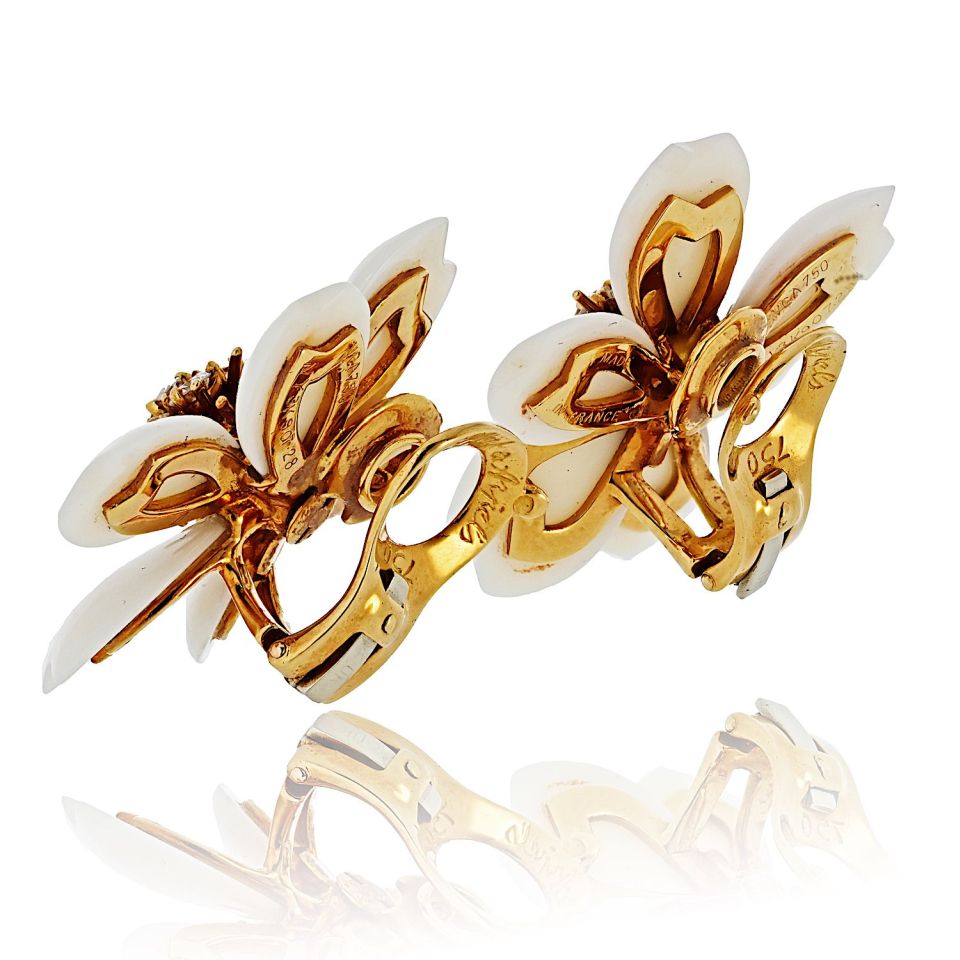 Van Cleef & Arpels Rose de Noel 18K Yellow Gold Small Model White Coral Earrings