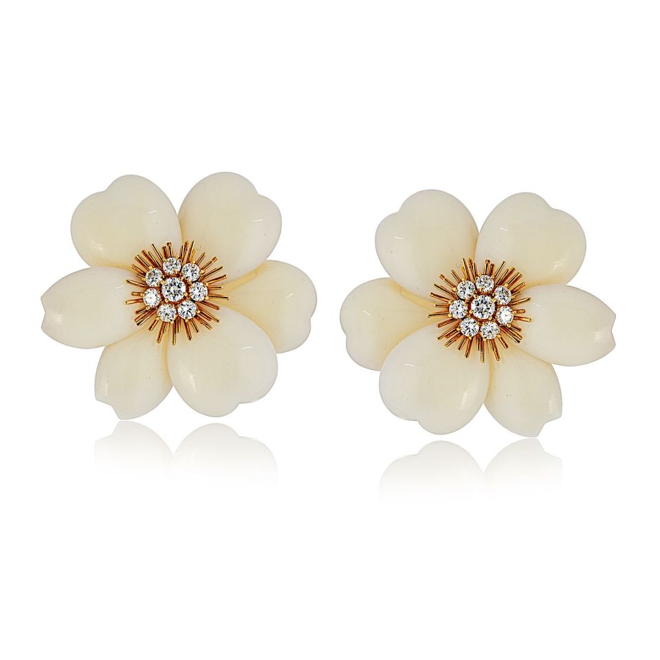 Van Cleef & Arpels Rose de Noel 18K Yellow Gold Small Model White Coral Earrings