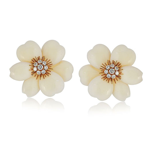 Van Cleef & Arpels Rose de Noel 18K Yellow Gold Small Model White Coral Earrings
