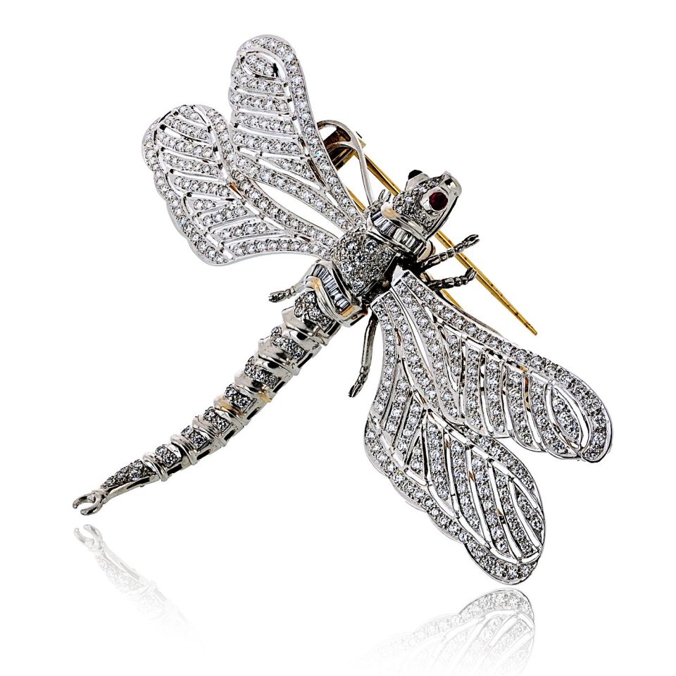 Platinum & 18K White Gold Diamond Dragonfly With Ruby Eyes Brooch