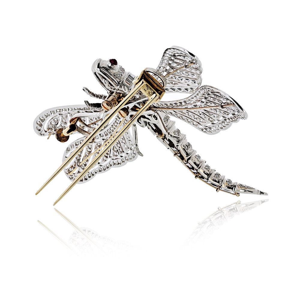 Platinum & 18K White Gold Diamond Dragonfly With Ruby Eyes Brooch