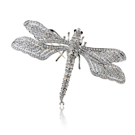 Platinum & 18K White Gold Diamond Dragonfly With Ruby Eyes Brooch