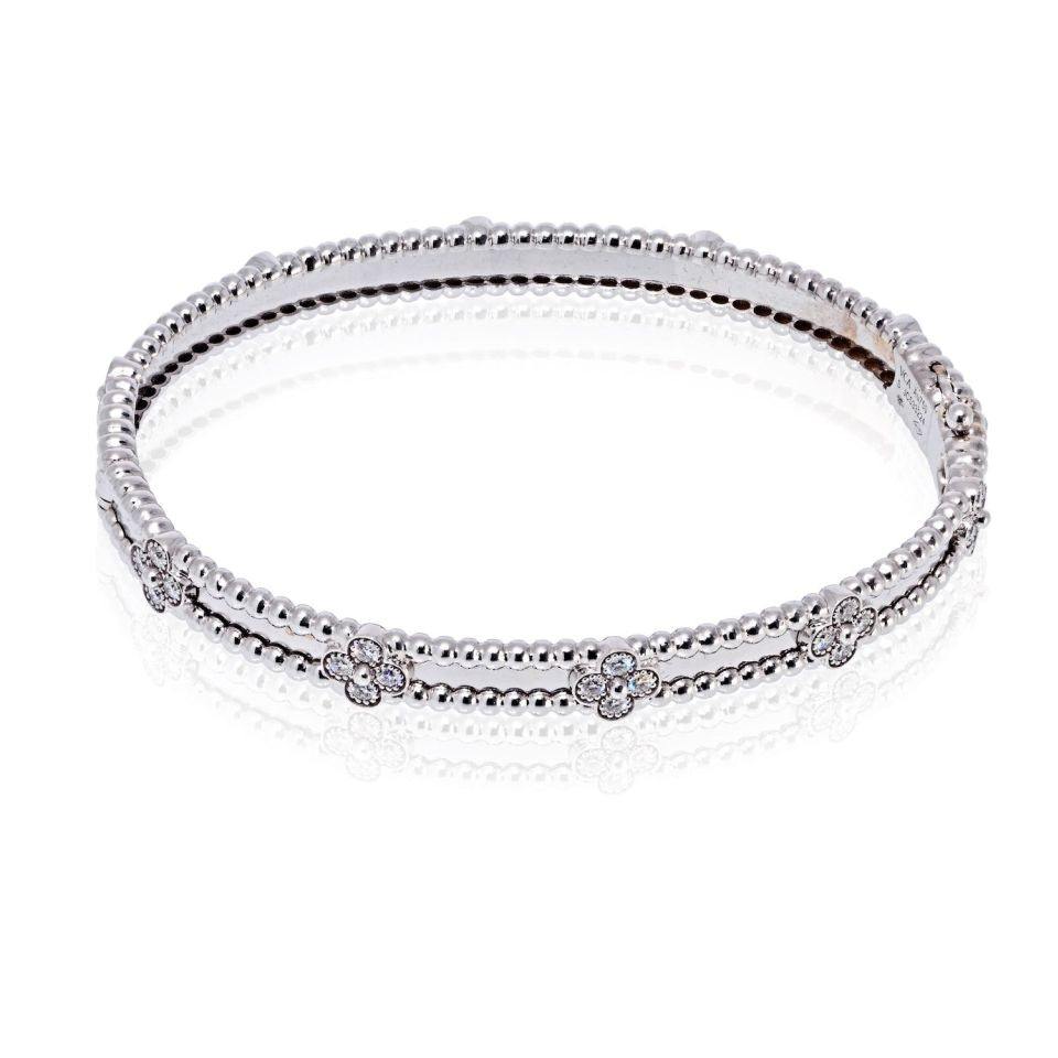 Van Cleef & Arpels 18K White Gold Perlee Diamond Clovers Size S Bracelet