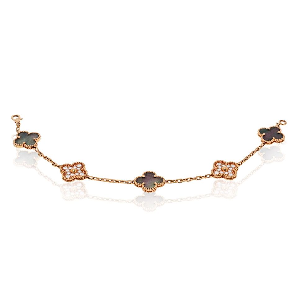 Van Cleef & Arpels Alhambra 18K Rose Gold Grey Mothr Of Pearl And Diamonds Bracelet