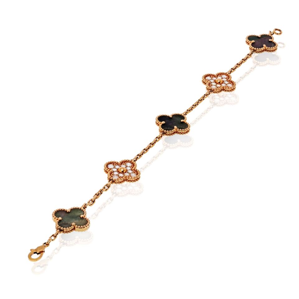 Van Cleef & Arpels Alhambra 18K Rose Gold Grey Mothr Of Pearl And Diamonds Bracelet