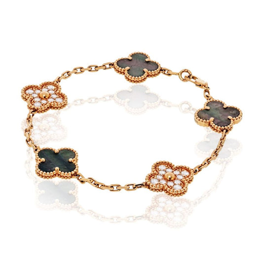 Van Cleef & Arpels Alhambra 18K Rose Gold Grey Mothr Of Pearl And Diamonds Bracelet