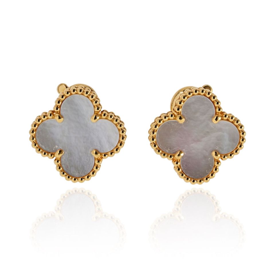Van Cleef & Arpels Alhambra 18K Yellow Gold Mother Of Pearl Classic Size Earrings