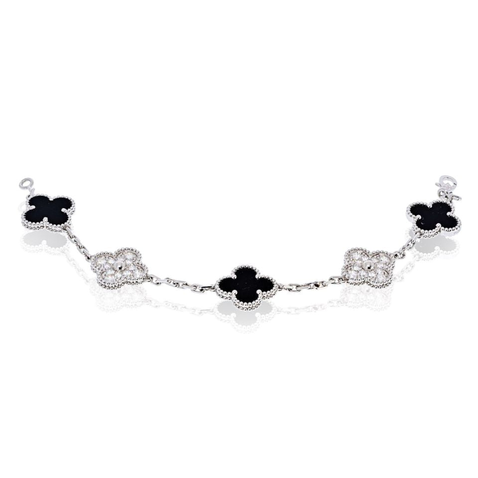 Van Cleef & Arpels Alhambra 18K White Gold Onyx And Diamond Bracelet