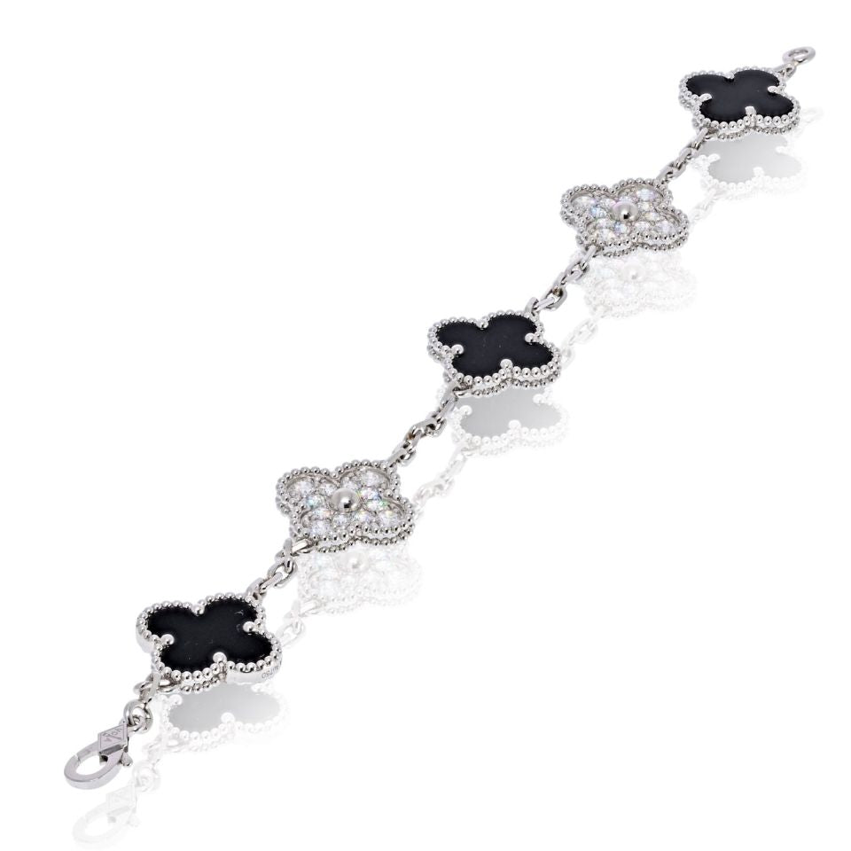 Van Cleef & Arpels Alhambra 18K White Gold Onyx And Diamond Bracelet