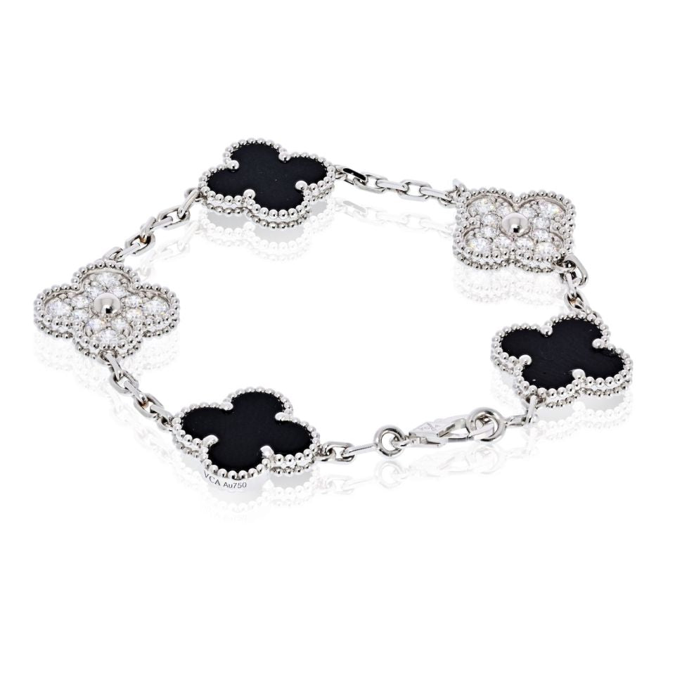 Van Cleef & Arpels Alhambra 18K White Gold Onyx And Diamond Bracelet