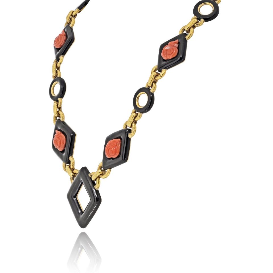 David Webb 18K Yellow Gold Black Enamel And Roses Coral Link Necklace