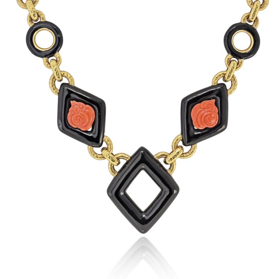 David Webb 18K Yellow Gold Black Enamel And Roses Coral Link Necklace