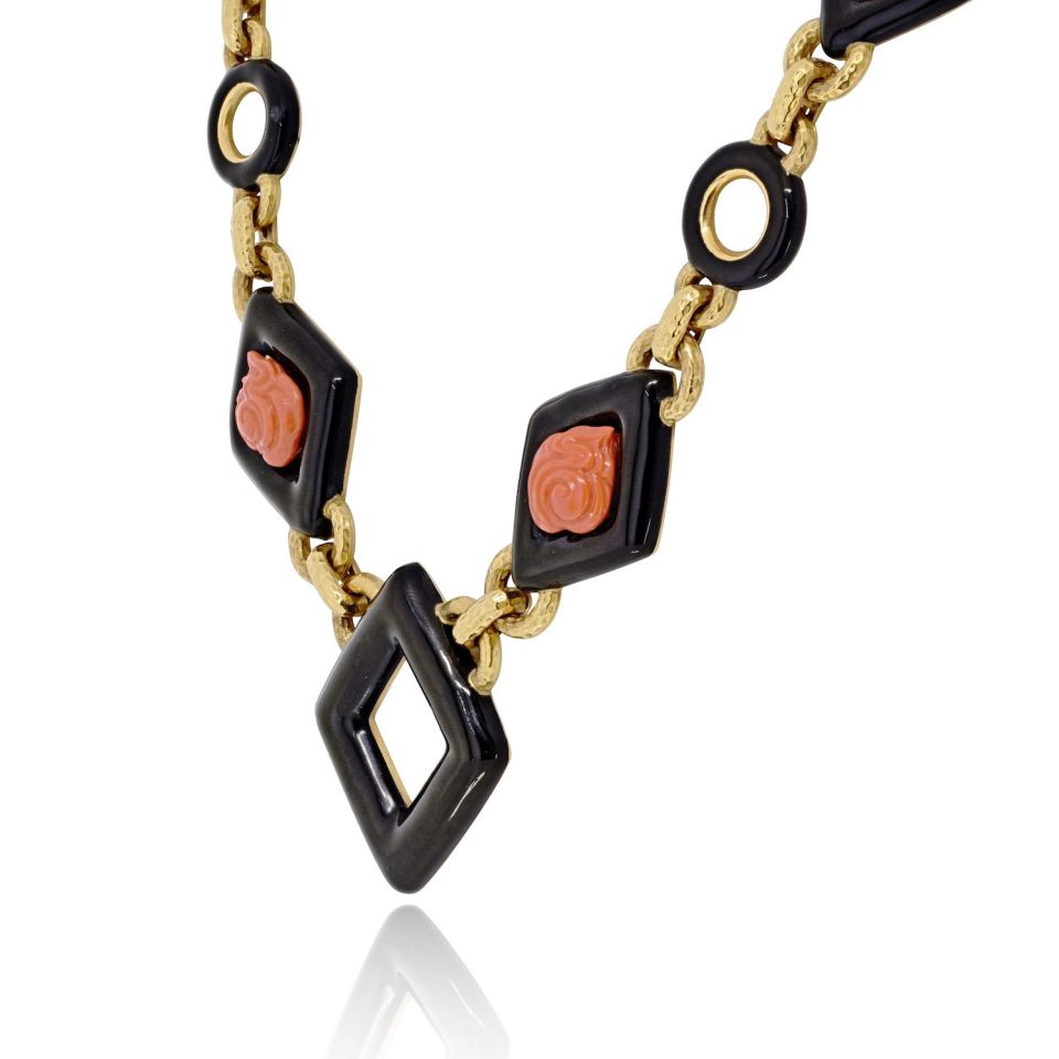 David Webb 18K Yellow Gold Black Enamel And Roses Coral Link Necklace