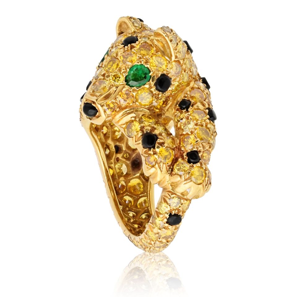 Panthere Platinum & 18K Yellow Gold Yellow Diamond Onyx & Emerald Ring