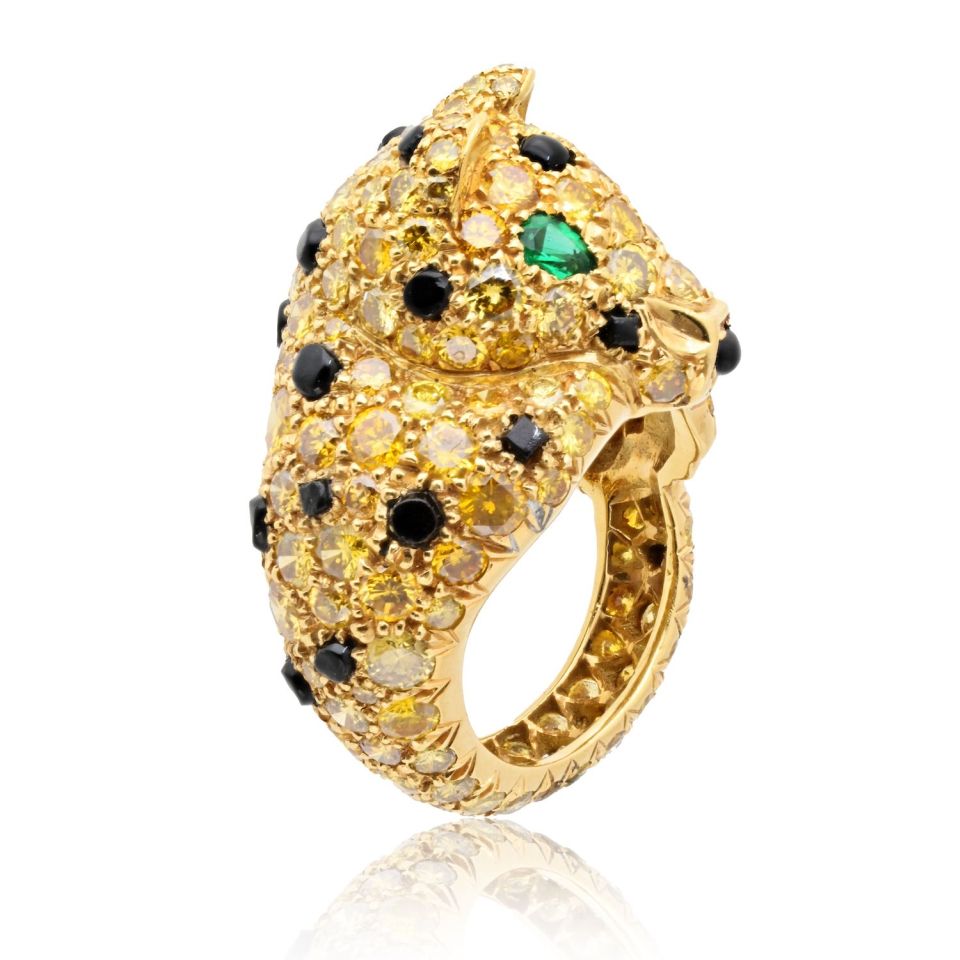 Panthere Platinum & 18K Yellow Gold Yellow Diamond Onyx & Emerald Ring