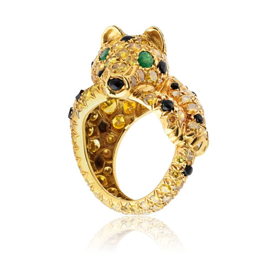 Panthere Platinum & 18K Yellow Gold Yellow Diamond Onyx & Emerald Ring