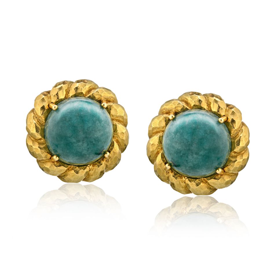 David Webb Circa 1970's 18K Yellow Gold Round Cabochon Green Emerald Earrings