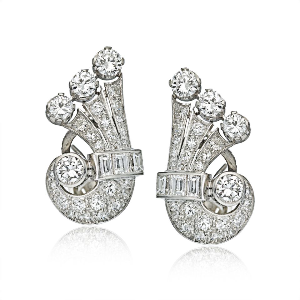 Art Deco Platinum Vintage Fan Earrings