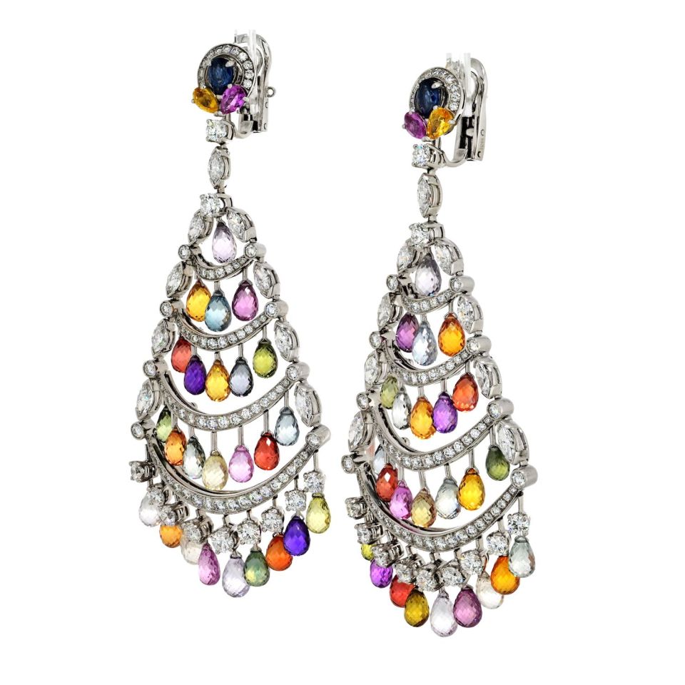 Graff 18K White Gold Multicolor Sapphire & Diamond Chandelier Earrings