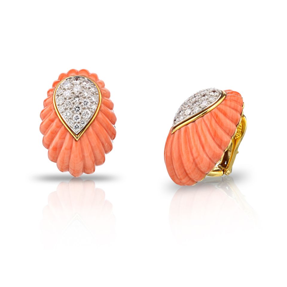 David Webb Circa 1970's Platinum & 18K Yellow Gold Carved Coral And Diamond Clip-On Earrings