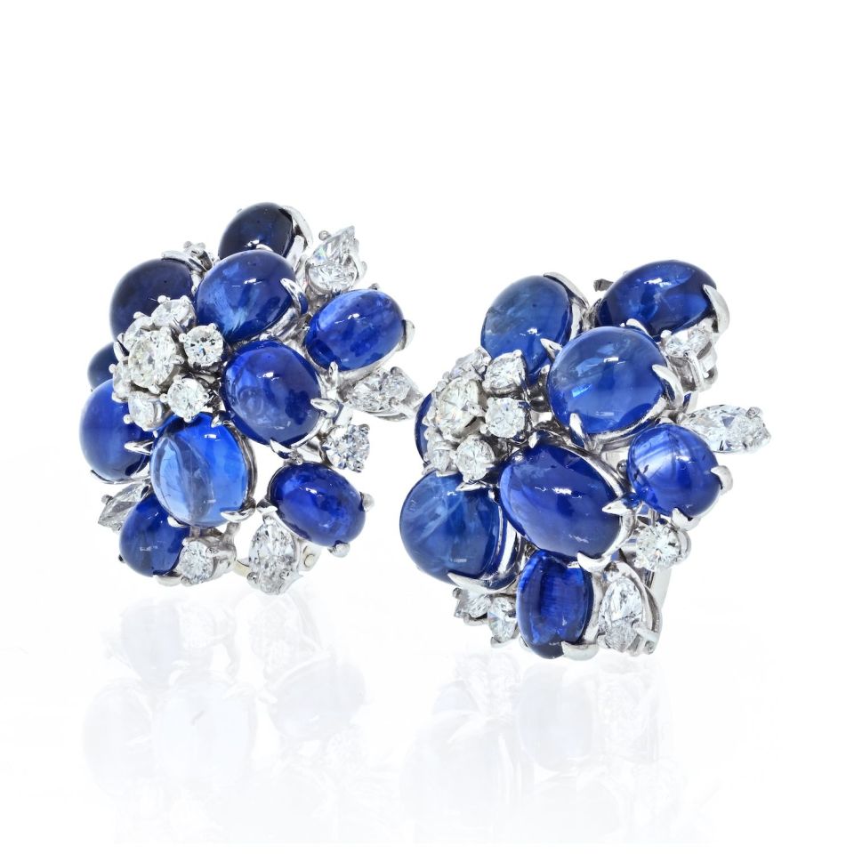 Cabochon Blue Sapphire and Diamond Flower Earrings