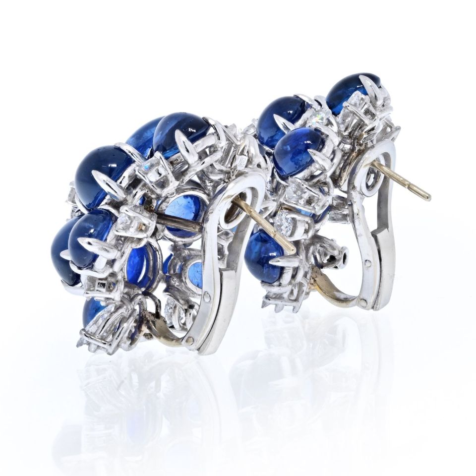 Cabochon Blue Sapphire and Diamond Flower Earrings