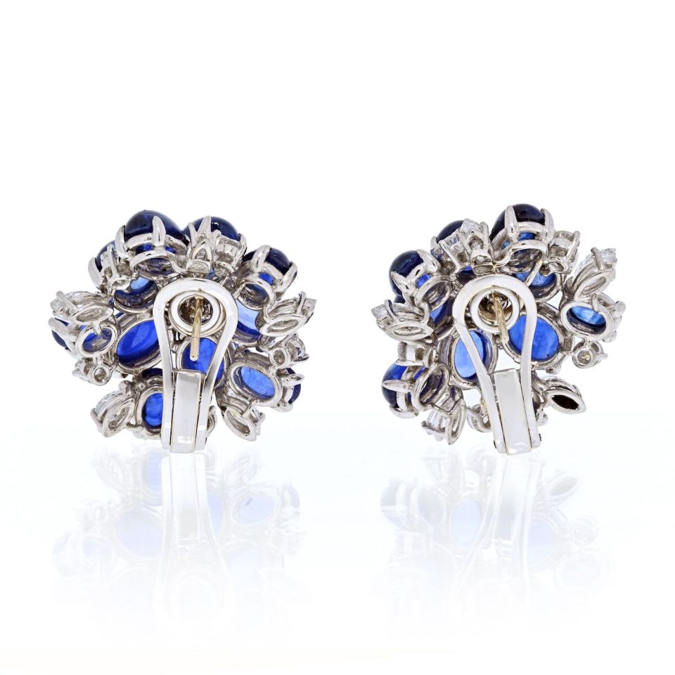Cabochon Blue Sapphire and Diamond Flower Earrings