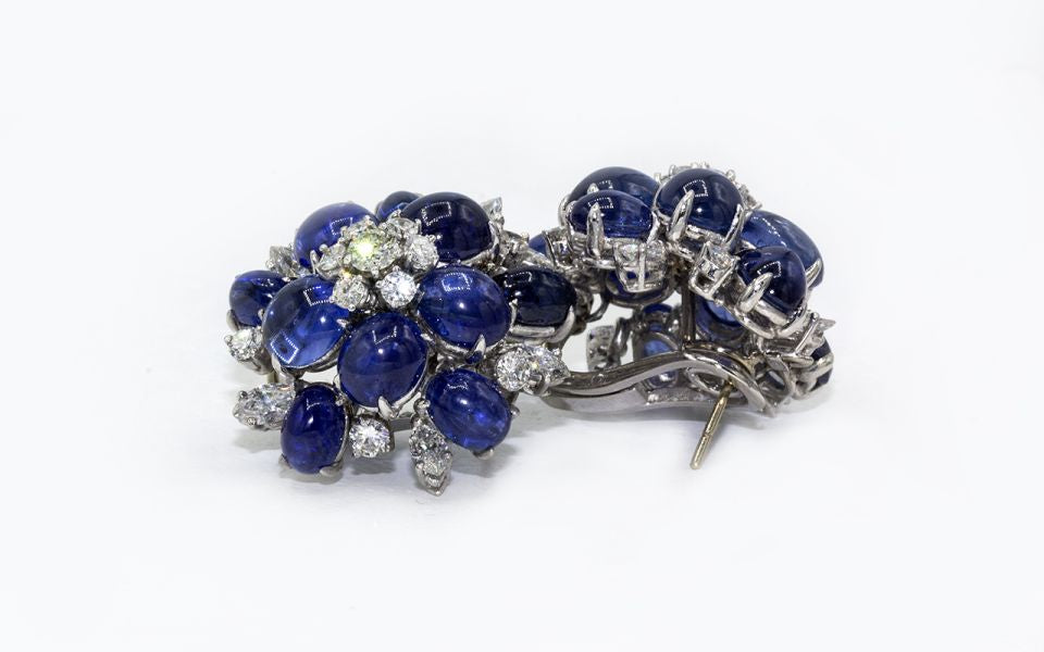 Cabochon Blue Sapphire and Diamond Flower Earrings