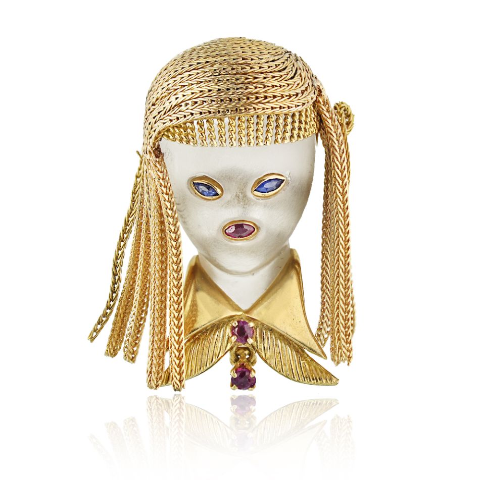 Van Cleef & Arpels Circa 1960's 18K Yellow Gold Female Visage Frosted Rock Crystal Brooch