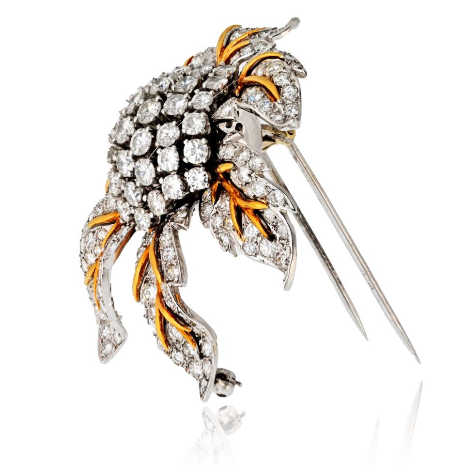 1970's Platinum & 18K Yellow Gold 25 Carat Diamond Flower Brooch