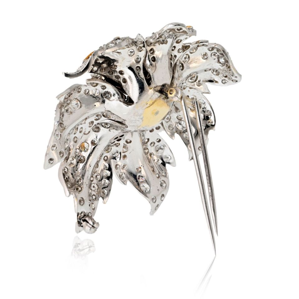 1970's Platinum & 18K Yellow Gold 25 Carat Diamond Flower Brooch