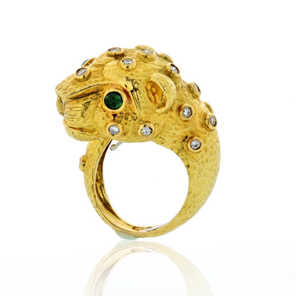 David Webb Leopard 18K Yellow Gold Green Emeralds, Diamonds Ring