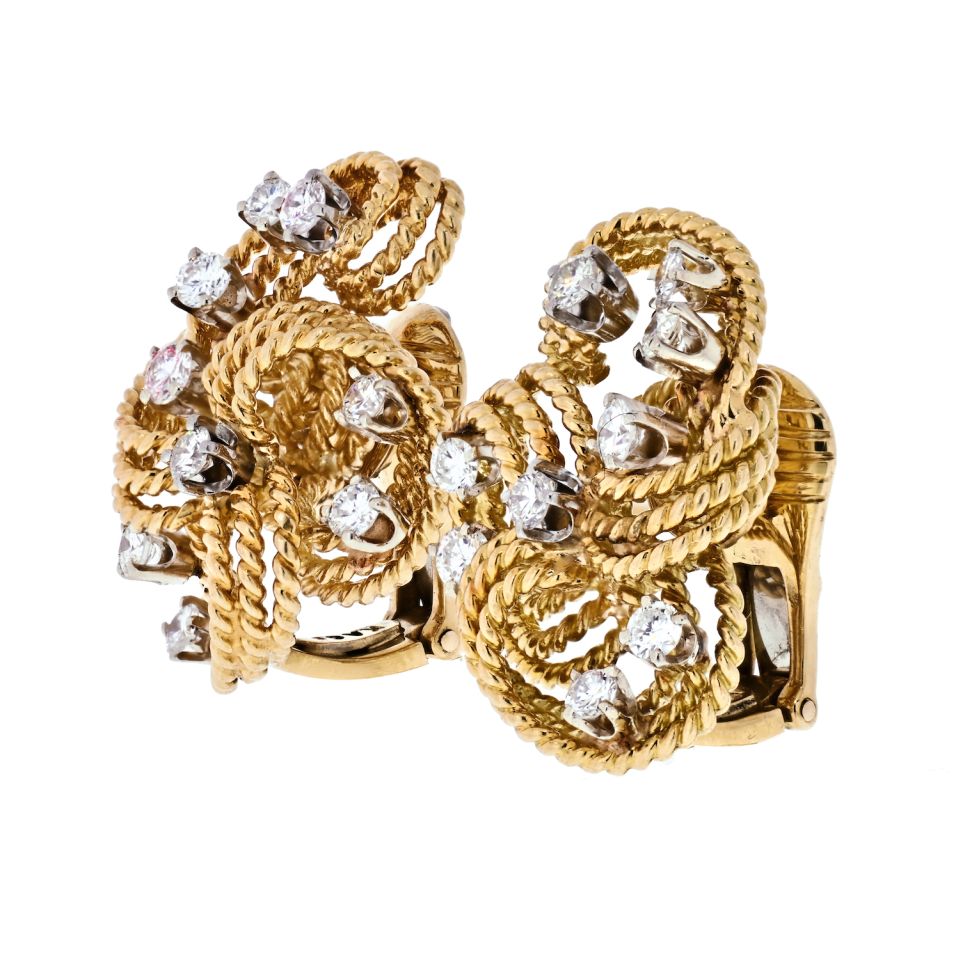 David Webb Platinum & 18K Yellow Gold Twisted Woven Diamond Earrings