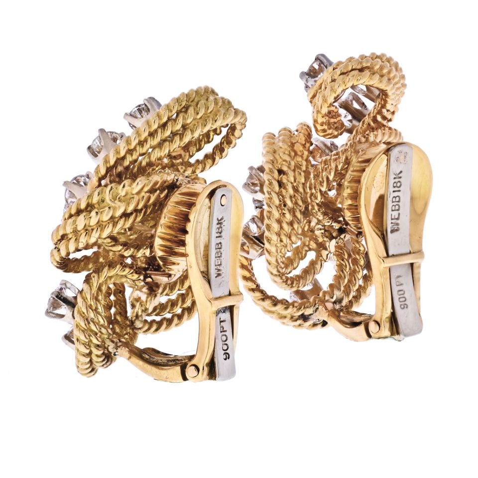 David Webb Platinum & 18K Yellow Gold Twisted Woven Diamond Earrings