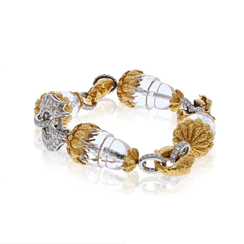 David Webb Platinum & 18K Yellow Gold Rock Crystal and Diamond Stations Bracelet