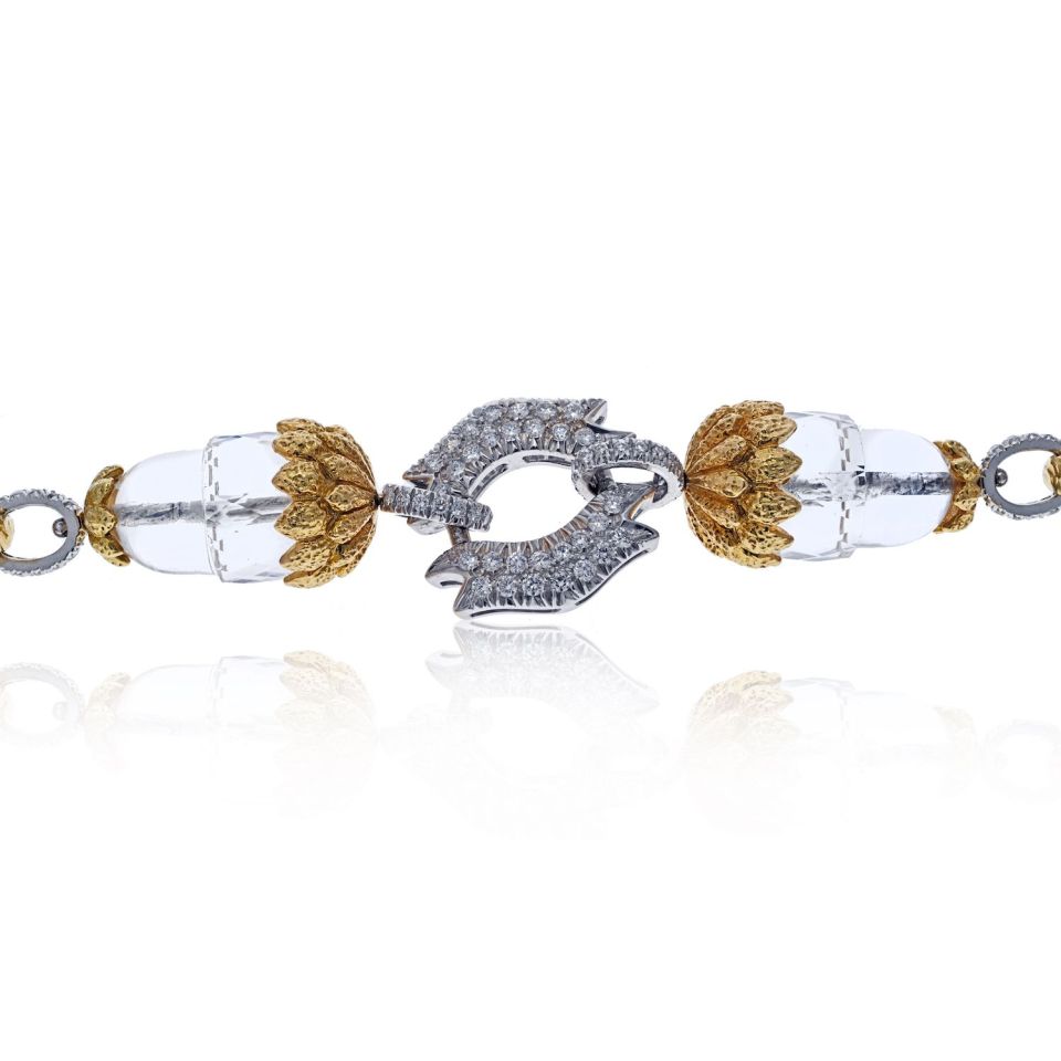 David Webb Platinum & 18K Yellow Gold Rock Crystal and Diamond Stations Bracelet