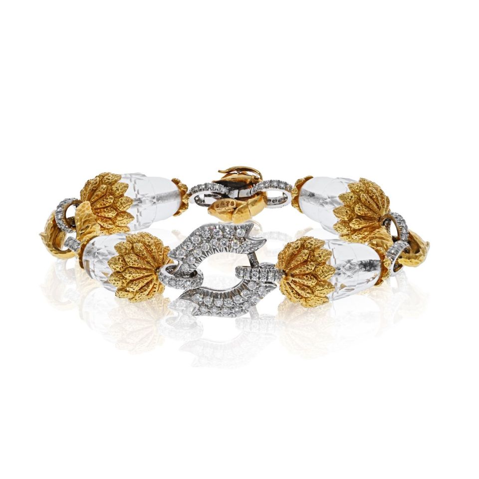 David Webb Platinum & 18K Yellow Gold Rock Crystal and Diamond Stations Bracelet