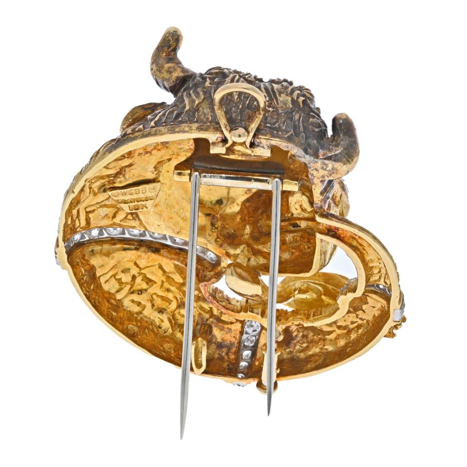 David Webb Platinum & 18K Yellow Gold Taurus Bull Diamond Brooch And Pendant